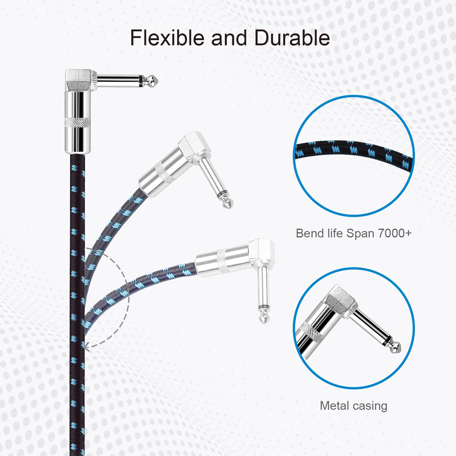 6 Inch Guitar Patch Cable with 1/4" Right Angle Plugs, Black and Blue Tweed Woven Jacket (4-Pack) - Image 5