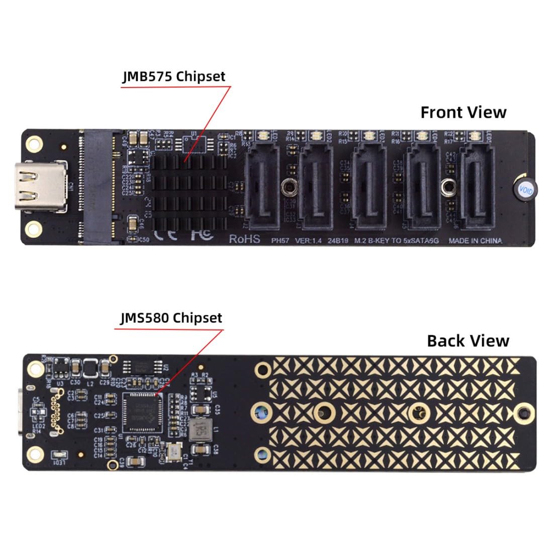 chenyang USB 3.1 Gen 2 a 5 SATA 3.0 Port Multiplier Extension Card Adapter per scheda madre SATA Hard Drive Port Extension con chipset JMB575 JMS580