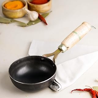 The Earth Store Ecoluxe Iron Tadka Pan/Fry Pan with Wooden Handle for Kitchen 13 Cm Diameter Gas Compatible | Tadka Dal Pan | Black Price in India