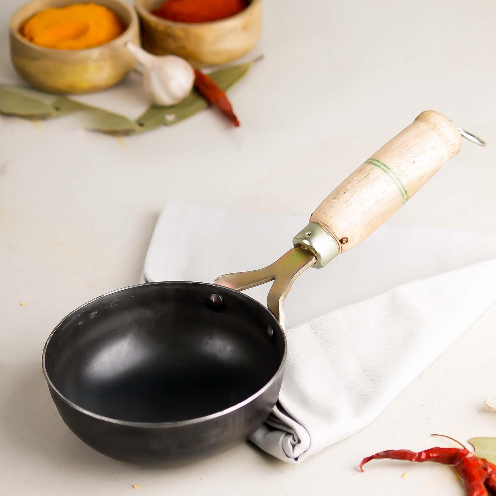 The Earth Store Ecoluxe Iron Tadka Pan/Fry Pan with Wooden Handle for Kitchen 13 Cm Diameter Gas Compatible | Tadka Dal Pan | Black