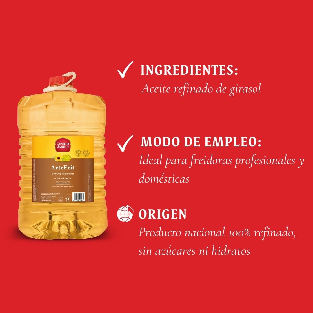 Capricho Andaluz - Aceite de Girasol Alto Oleico Artefrit PET 7,5L, Especial Fritura con Máxima Resistencia al Calor, Limpia, Ligera y Sin Sabores