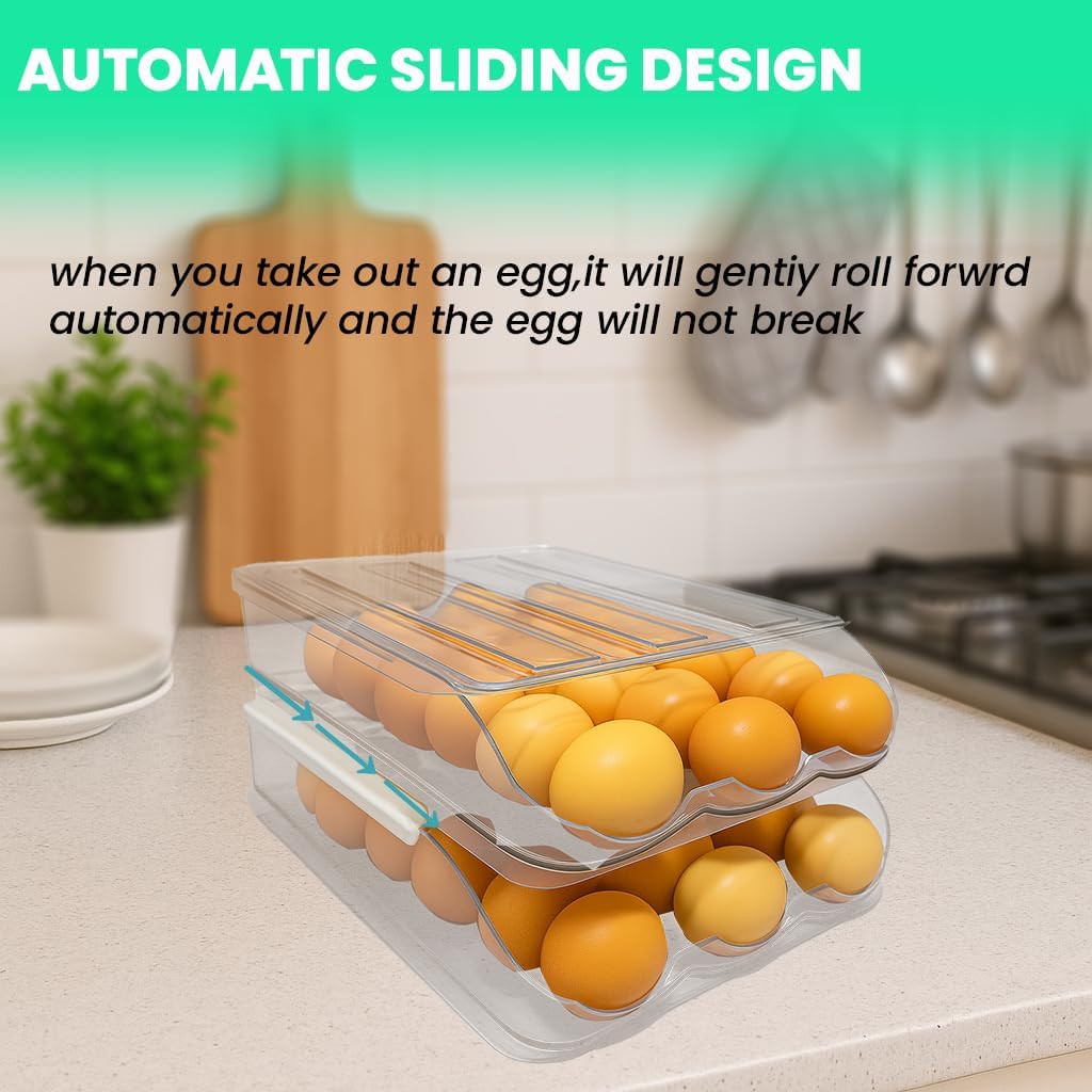 Egg Holder for Fridge, Kitchen containers Automatic Rolling Organizer for Refrigerator with Clear Lid, Large Capacity Egg Tray and Space-Saving Egg Organizer for Fridge Storage（Triple layer)