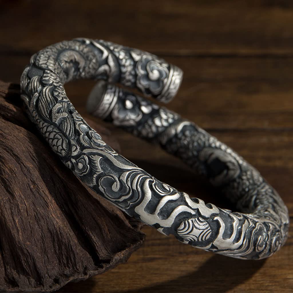 Viking Herren 999 Sterling Silber Armband, Handgemacht Nordisch Weinlese Drachen Totem Tattoo Drucken Manschette mit Offenem Armreif, Punk Gotisch Schmuck Geschenke