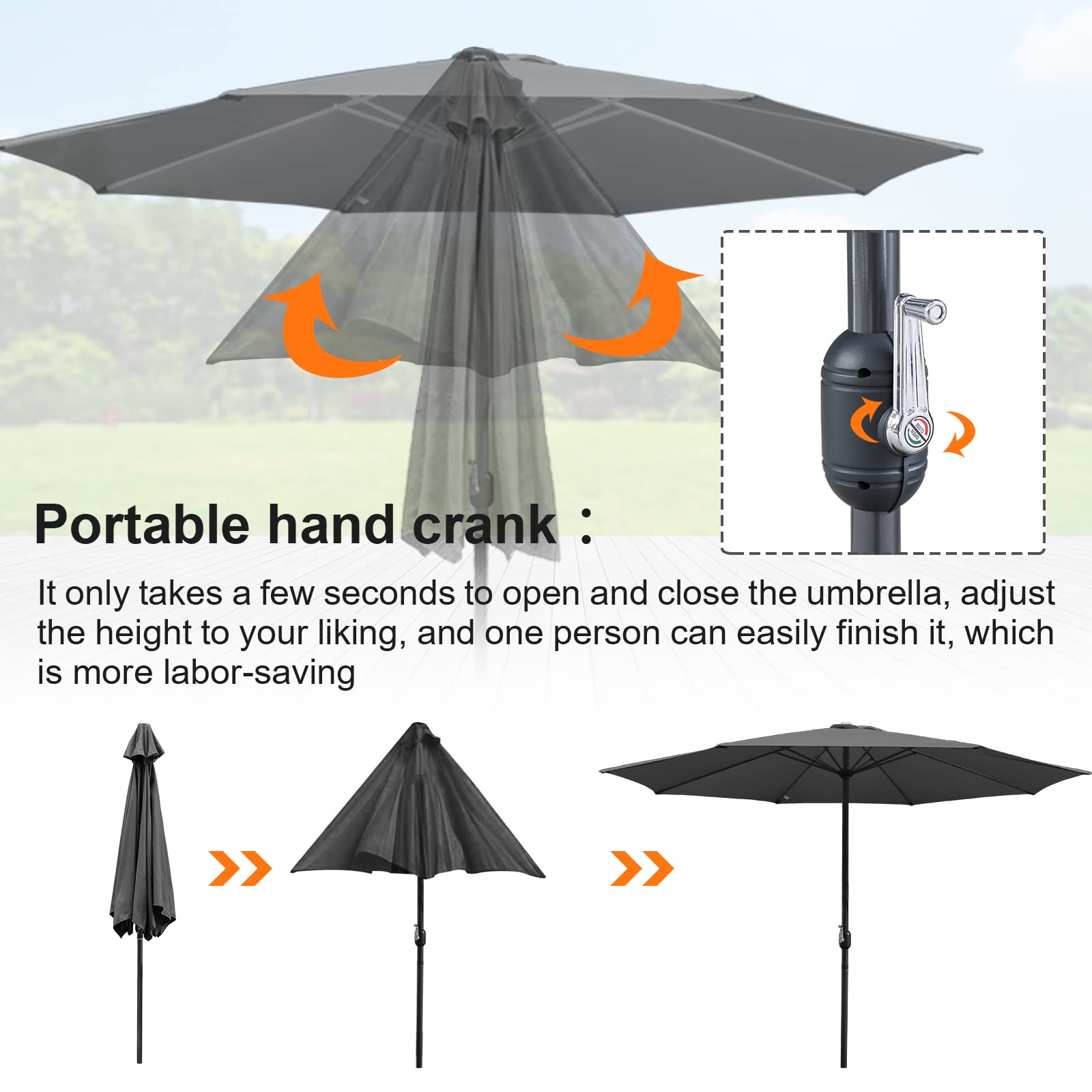 Sonnenschirm 270/350 cm, UV50+ Gartenschirm mit Handkurbel, 100% Polyester, 38 mm Mast, je nach Modell mit Solar-LED oder Neigefunktion, für Garten Terrasse Balkon, ohne Ständer