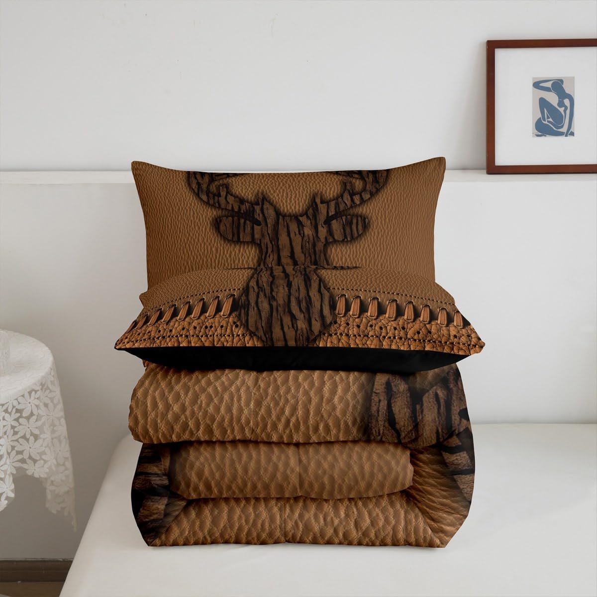 Erosebridal Hunting Deer King Bedding Sets,Brown Patchwork Cowhide Bedding Comforter Sets,Oak Bark Decor Wild Animal Antler Comforter Set for Teen Boys Men,Rustic Farmbouse Quilt Duvet Insert 3 Pcs