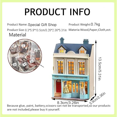 Miniatura 7 de Kit de muebles de casa de muñecas de madera en miniatura, mini casa de muñecas hecha a mano con LED, escala 124, juguetes creativos para