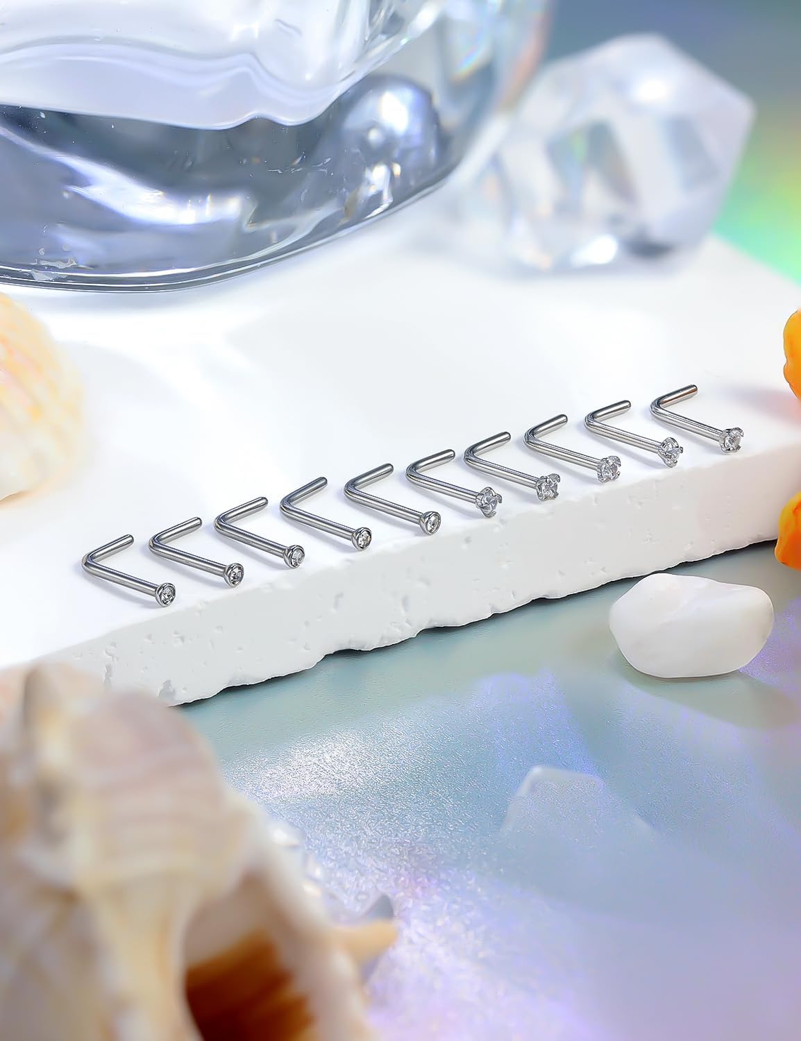 Hoeudjo Nose Studs Surgical Steel Cubic Zirconia Nose Rings Kit for Women Men Tiny Nose Stud Screw & Bone & L Shaped Nostril Piercing Jewelry 24-18 Gauge 10 Pieces - Image 5