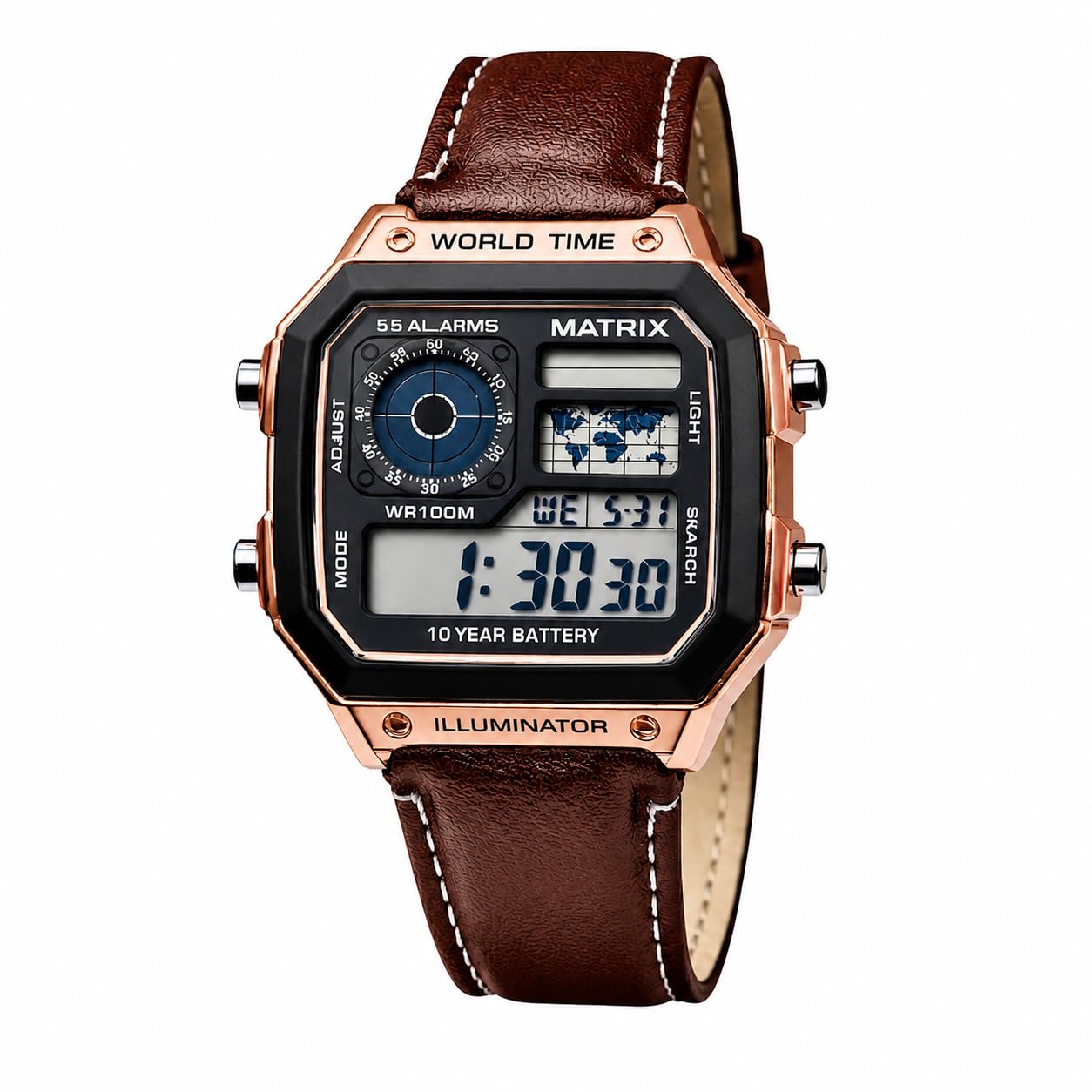 Matrix Illuminator Leather Strap Digital Watch with Alarm, Stopwatch, World Time | for Men & Women