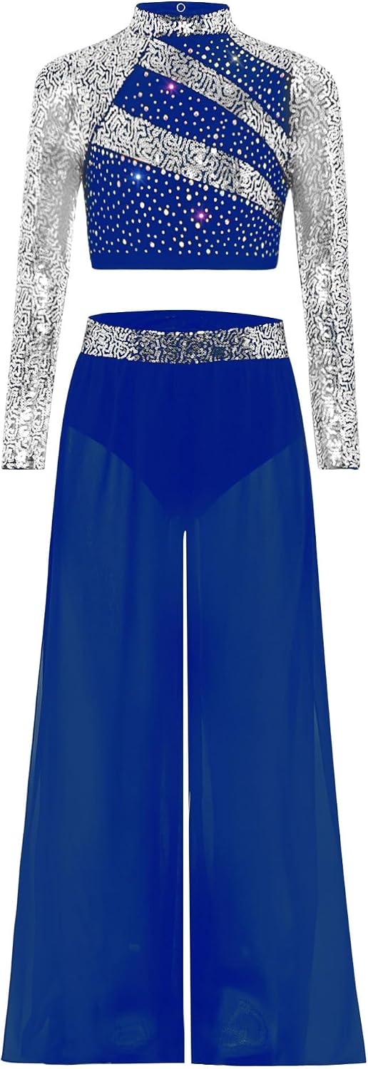 Kids Girls Lyrical Dance Wear Sequin Cutout Back Crop Top with Wide-leg Pants for Modern Dance Competitions Blue 16 Years