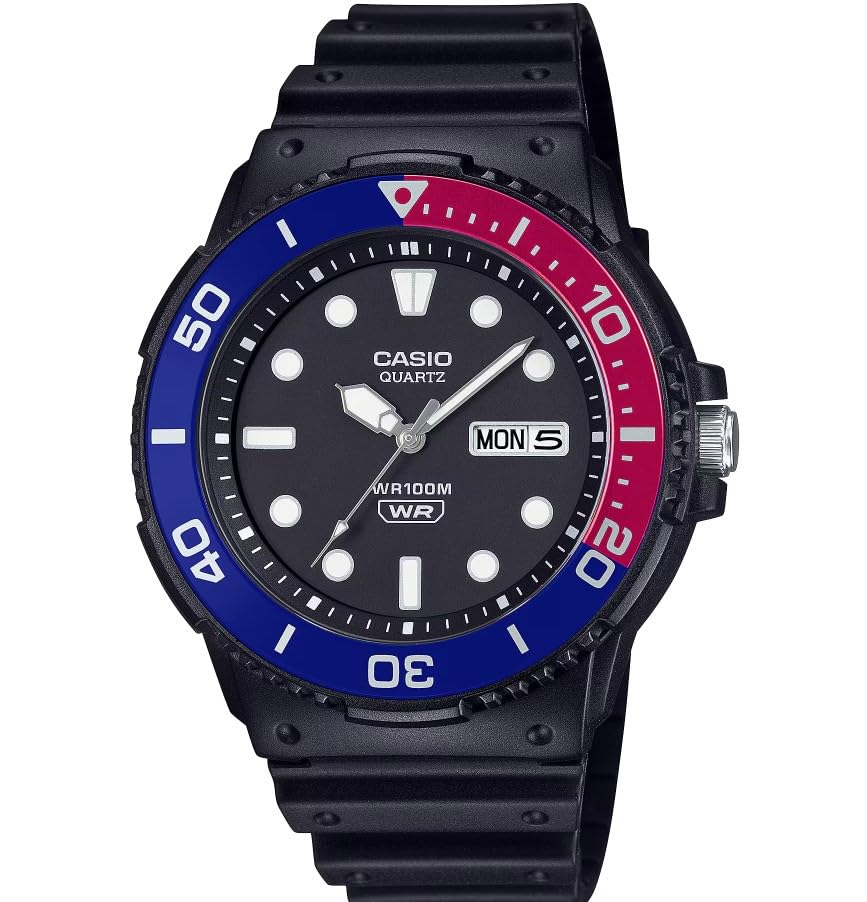 Casio MRW-230H Series | Black/Blue/Red | Rotating Bezel | 100M Water Resistant | Day-Date Indicator | Analog Watch, Black/Red/Blue, Black/Red/Blue