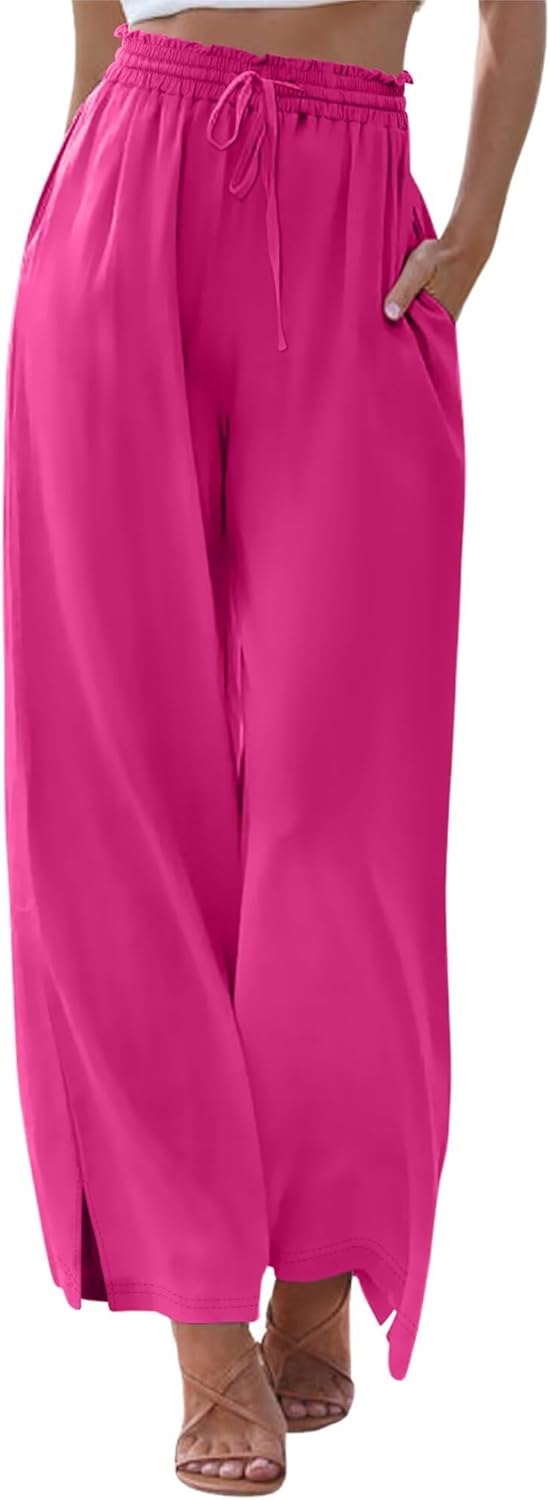 KISSMODA Womens Palazzo Lounge Pants Drawstring Elastic Waist Wide Leg Pants with Pockets Casual Boho Trousers