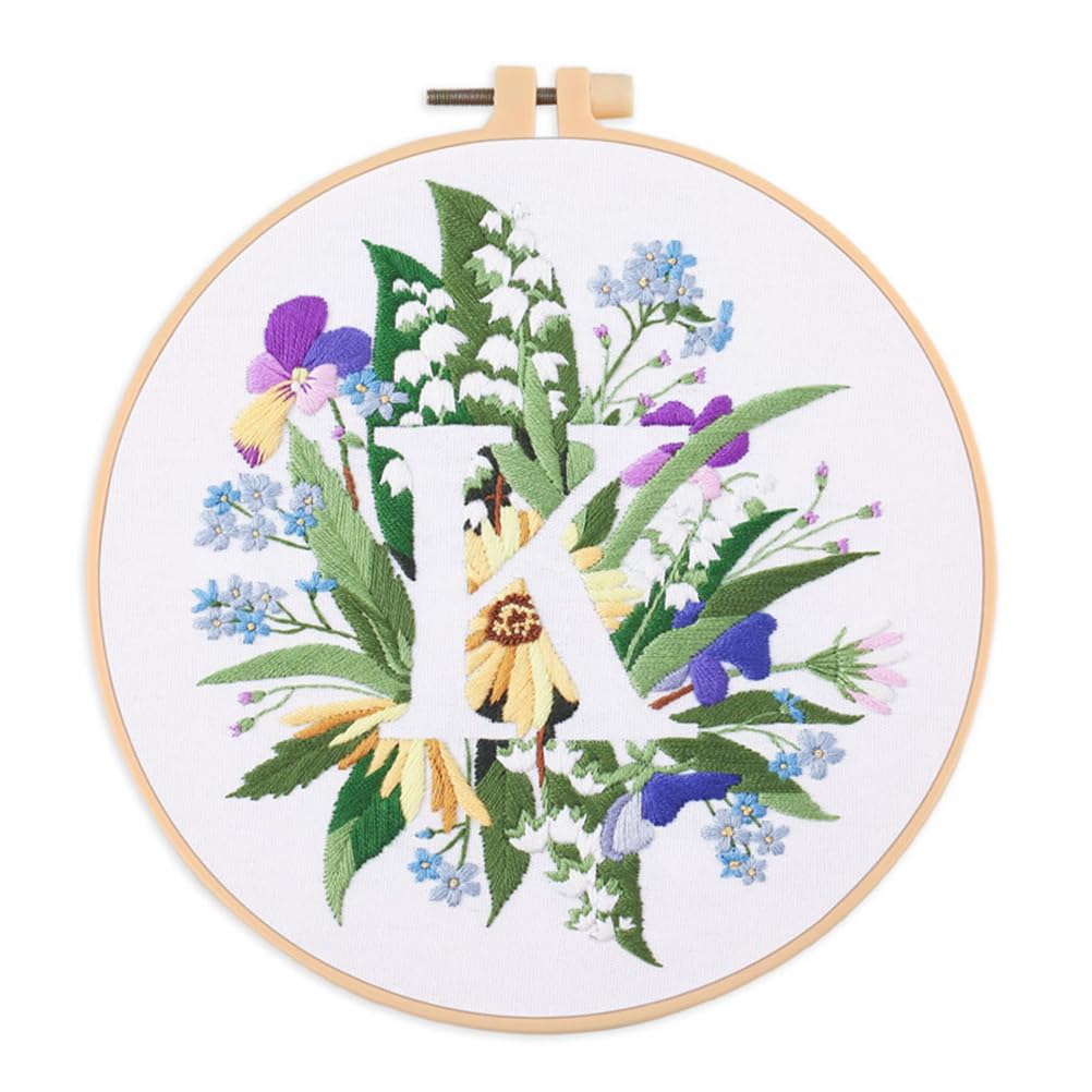 Meecaa Letter K Flower Leaves Plant K English Letters Embroidery Kit Starter Set, Hand Embroidery Set,Pattern Printed Cross Stitch Set For Beginner Adults, With Embroidery Hoop And Instructions (Letter K)