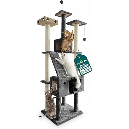FurHaven 69.3" Tall Cat Scratching Post Tower for Indoor Cats, Sisal Cat Tree with 2 Condos, Tiger Tough Double Decker Playground, Toys & Perches for Cats, Sisal, Silver Gray