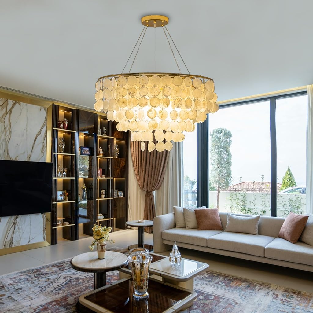 Lustre moderne Capiz dorés haut de gamme avec cascade de coquilles naturelles pour salon