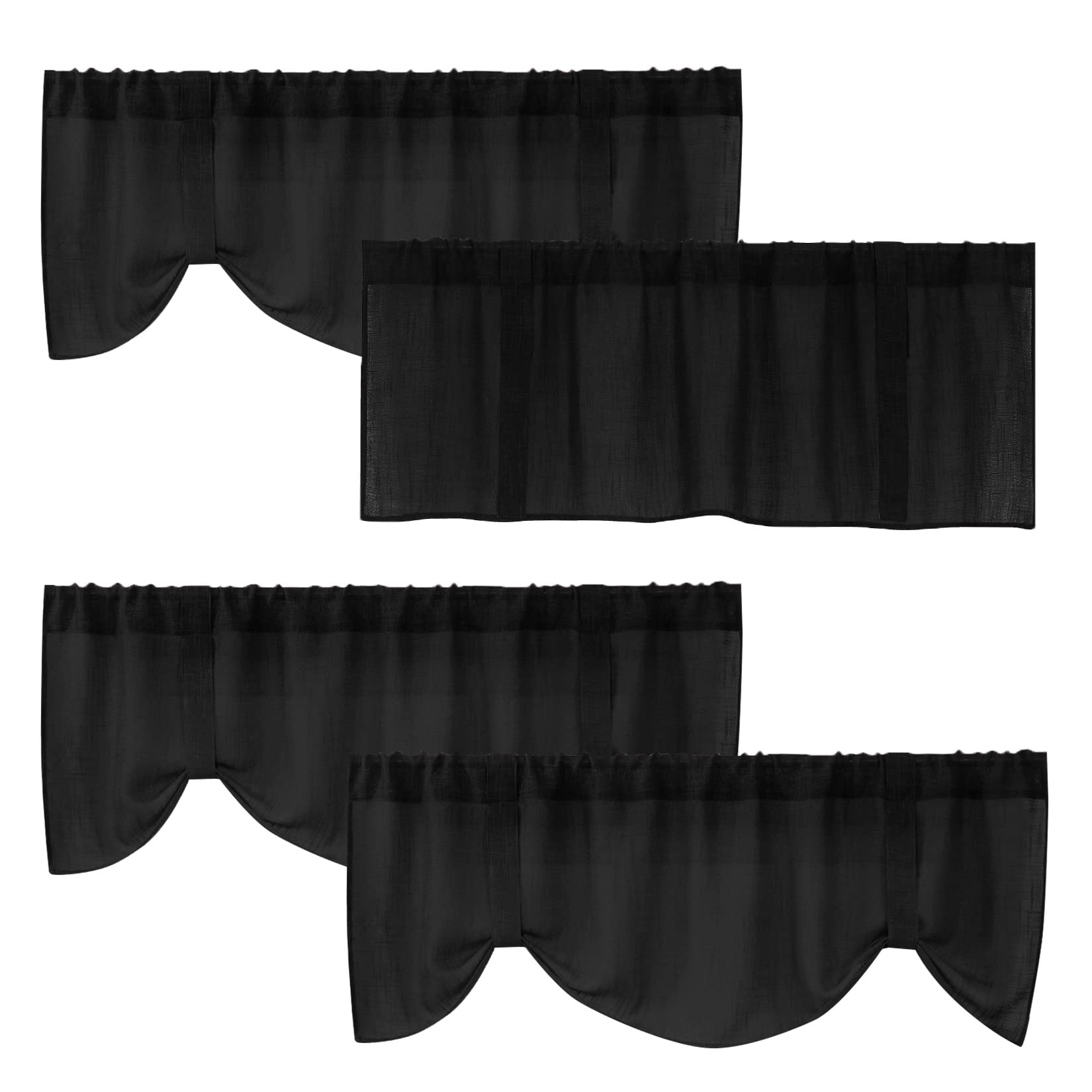 Home Queen Linen Look Tie Up Valance Curtain, Burlap Valences for Home Decoration, Length Adjustable Sheer Drape for Office and Bedroom, 4 Pieces, Black