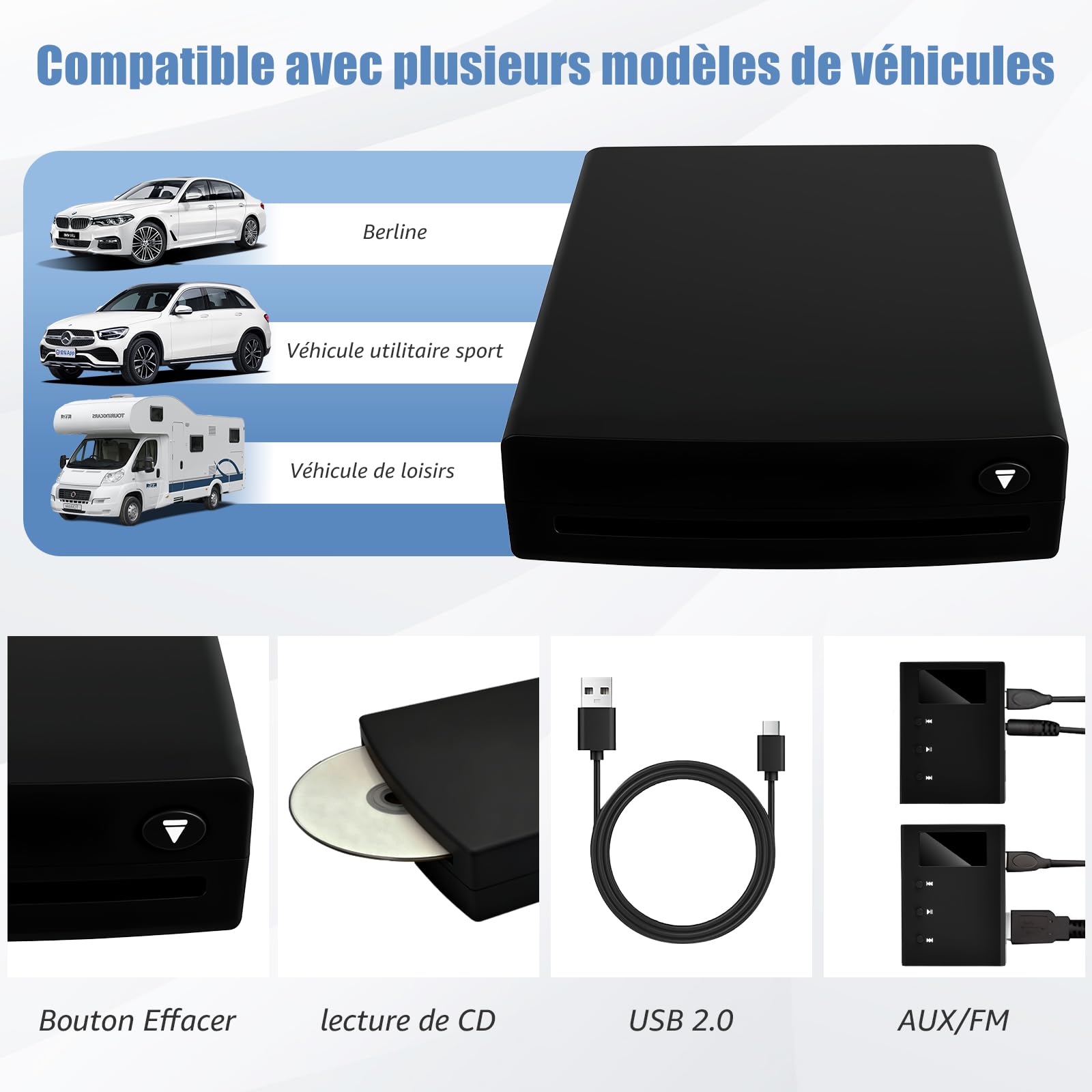 CD-Player für Auto, Computer, Fernseher, mit USB 2.0, tragbarer externer Universal-DVD-Player, Computer, externer Fernseher