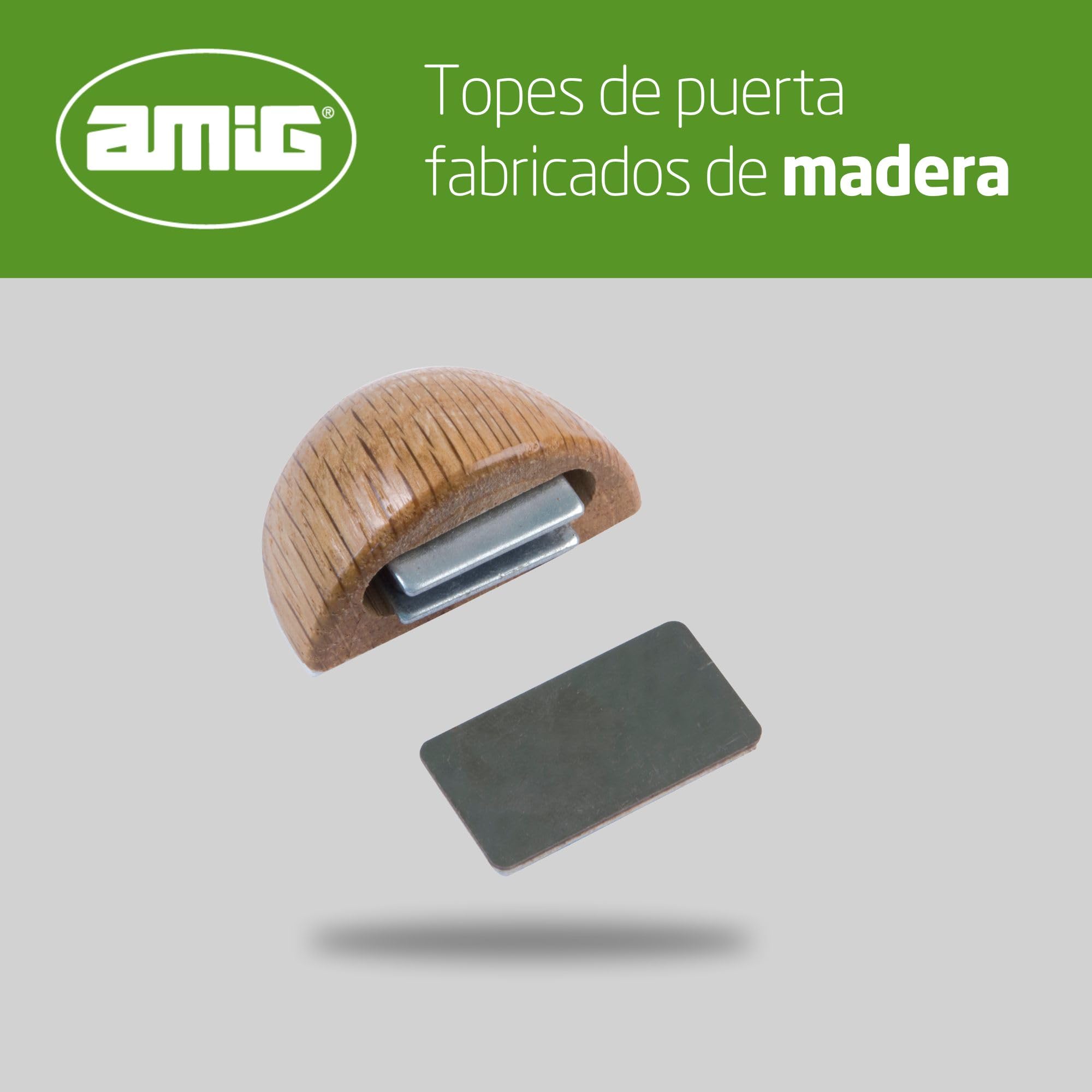 Amig - Pack de 6 Topes Magnéticos - Fijación en el Suelo mediante Adhesivo - Para Puertas de Paso - 48 x 25 mm - Plástico - Color Roble - Fácil Instalación