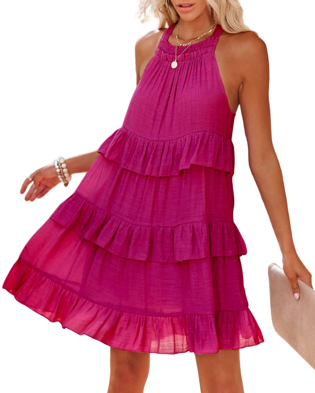 R.Vivimos Women's Summer Dress Boho Sleeveless Halter Layered Ruffle Casual Swing Mini Dress with Pockets