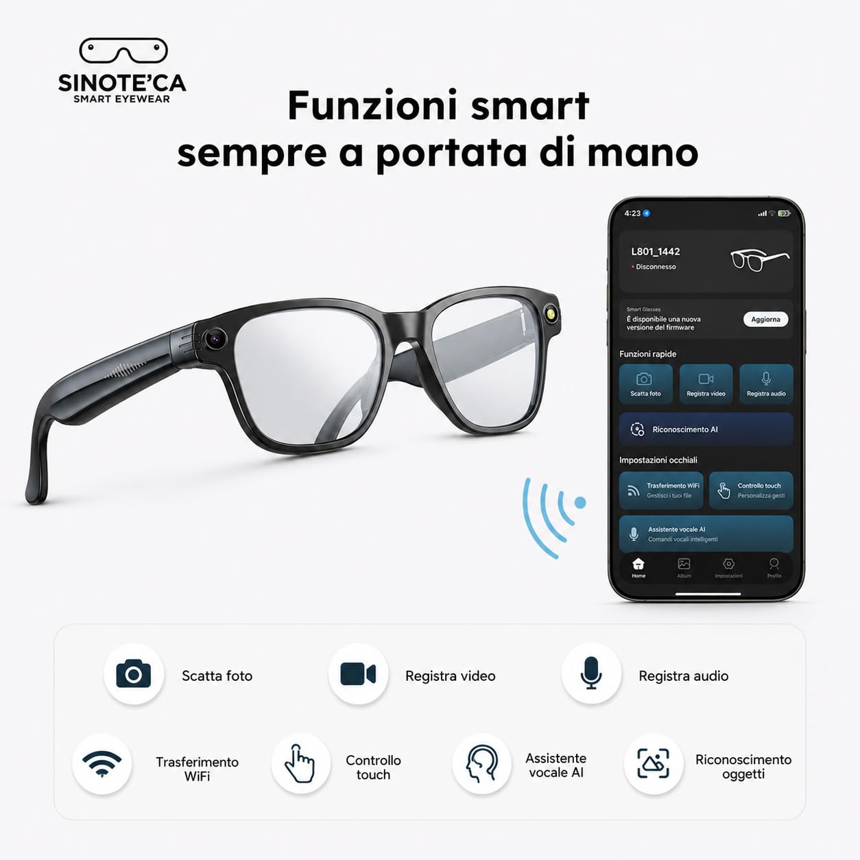 SINOTE'CA AI Smart Glasses, Occhiali Intelligenti Bluetooth con Telecamera 8MP, Lenti Fotocromatiche, Audio Open-Ear e Traduzione in Tempo Reale, per Sport e Vita Quotidiana