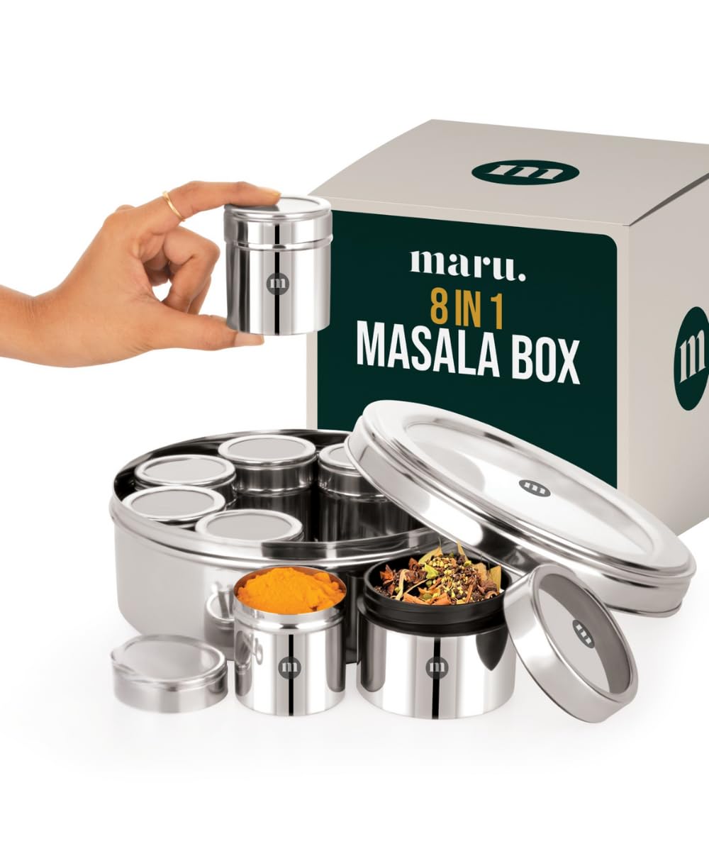 MARU 8-in-1 Stainless Steel Spice Box with See-Through Lid – Durable Masala Dabba for Kitchen Storage, Stylish Design with 8 Containers for Spices & Seasonings, Silver