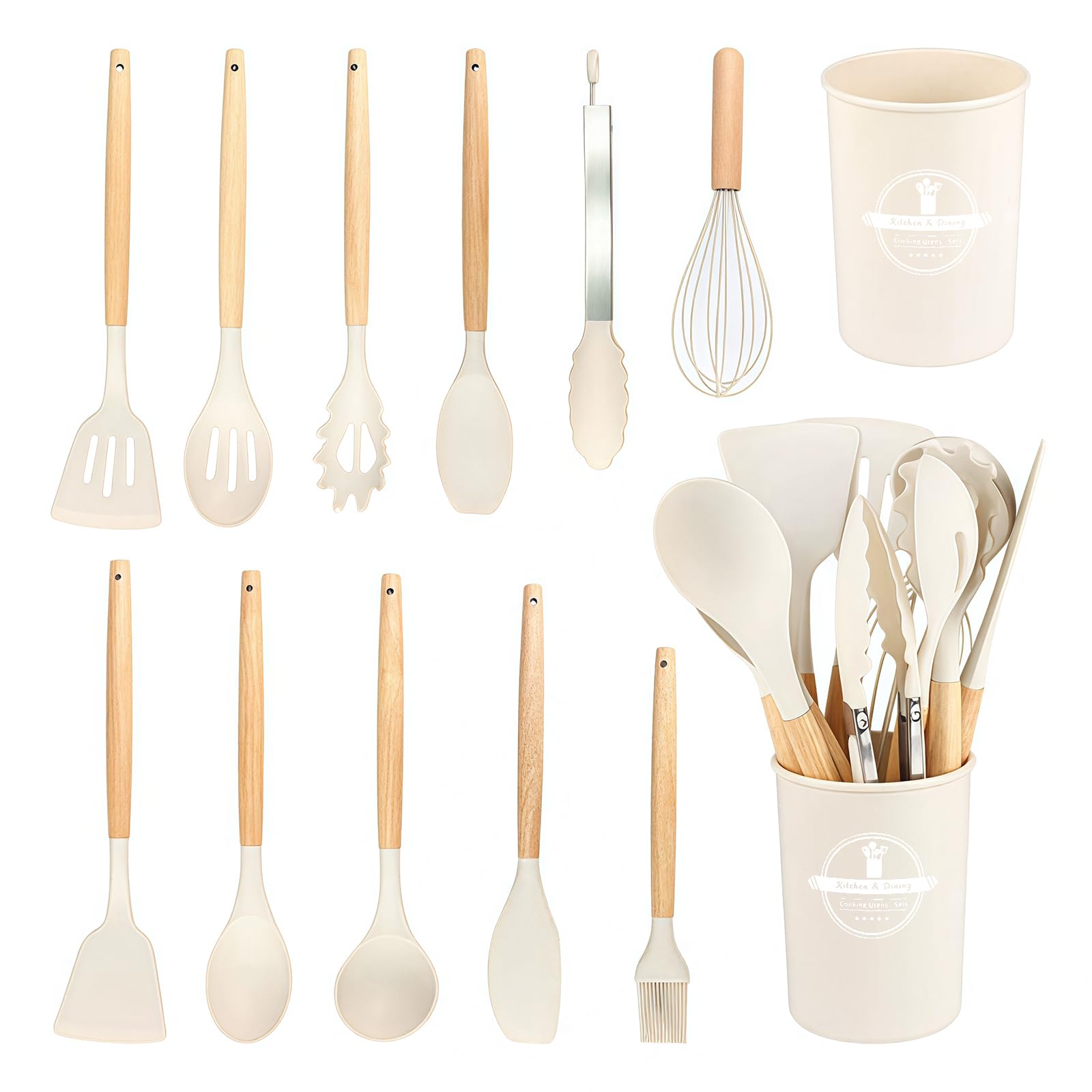 Kitchen Utensils Set, 12 Pcs Silicone Cooking Utensils Set with Wooden Handle, Non Stick Heat Resistant Kitchen Utensil Accessories Set Easy Clean (Off White)