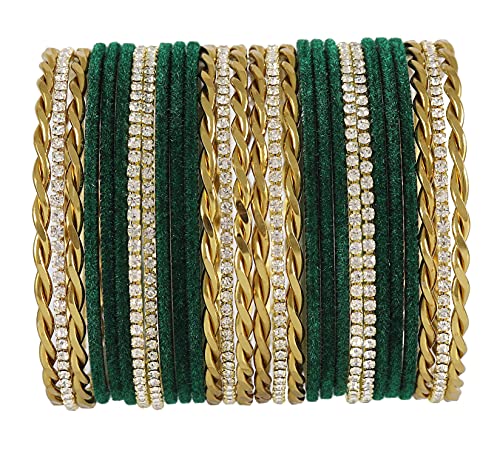 Image of NMII Gold Plated Metal Velvet Bangles Set For Women & Girls with Zircon Gemstone Studded | Traditional Women's Bangles | Designer Gold Bangles | Fashion Jewellery- Set of 28