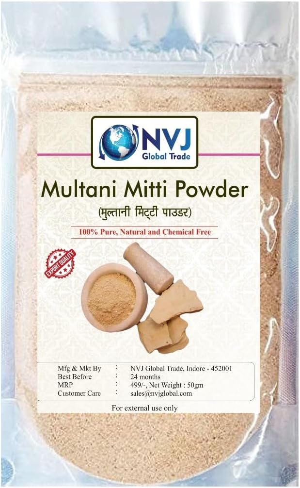 NVJ Global Trade Pure, Natural and Chemical Free Multani Mitti Powder | Premium Export Quality for Brightening, Glowing Skin & Tan Removal Ayurvedic & Organic Face Pack 50g Each Pack of 2