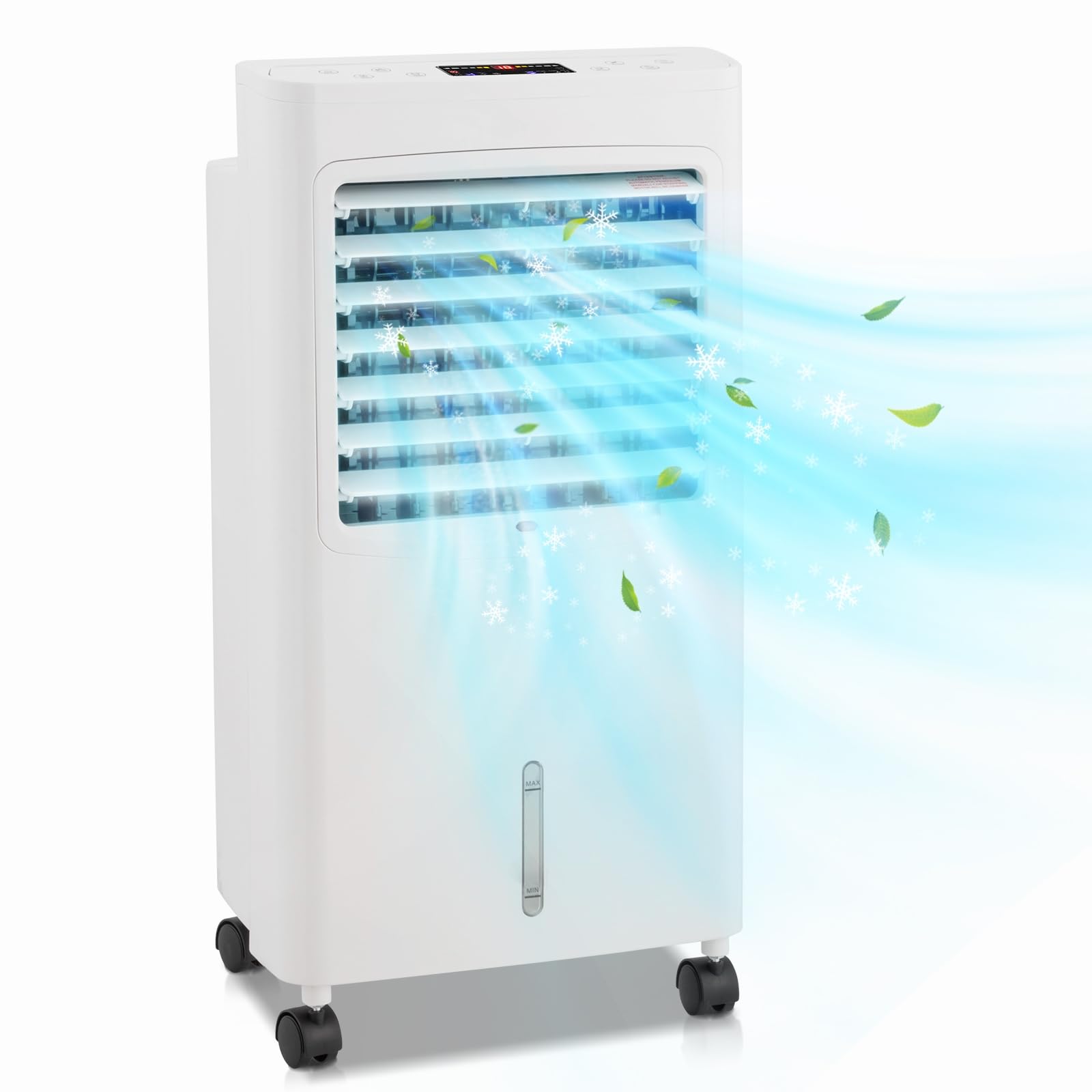 LEADZM Mobile Air Cooler with remote control and ice packs, emitting cool air.
