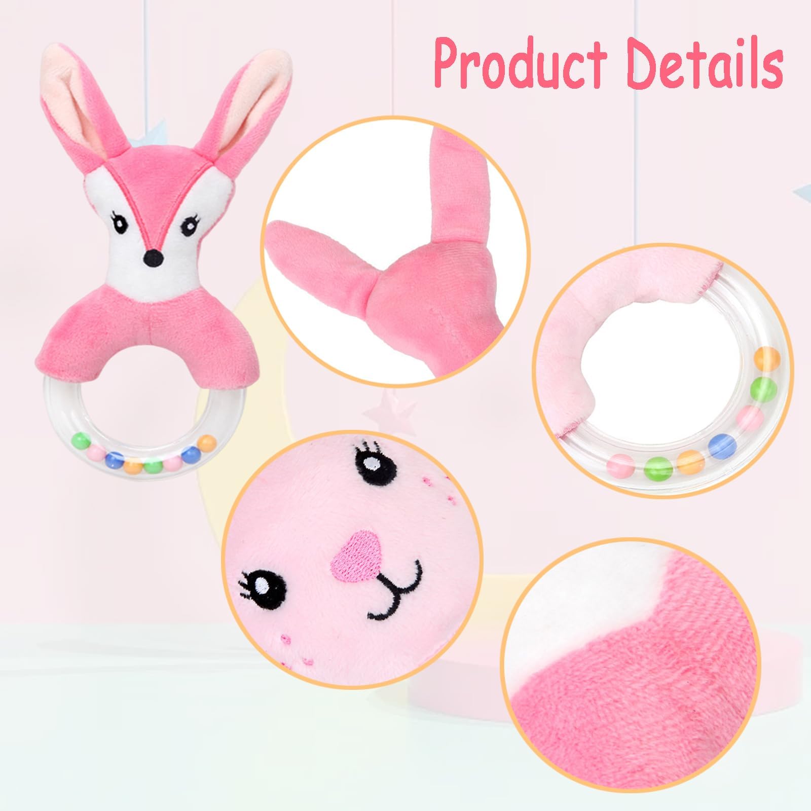 3Pcs Baby rattles Toys for 0-6 Months Sensory Toys for Babies 0-12 Months Early Educational Toy for Toddler Infant Boys Girls Shower Gift (Pink/White)(Fox/Rabbit/Sheep) - Image 4