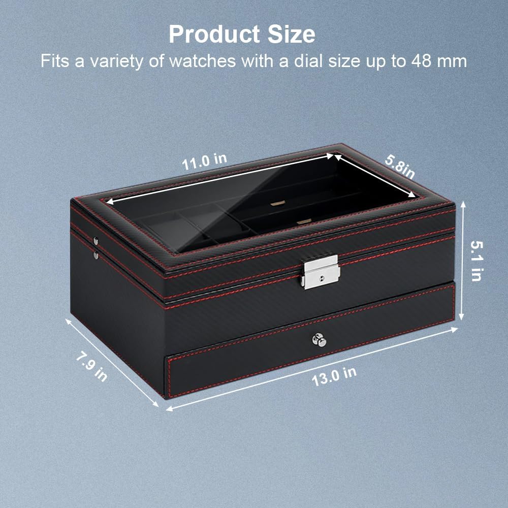 J&T Technology Mens Jewelry Box,6 Slot Watch Case & 3 Sunglasses Organizer with Glass Lid,2-layer Jewelry Organizer Watch Box for Men,Watch Display Storage Valentine Birthday Gifts