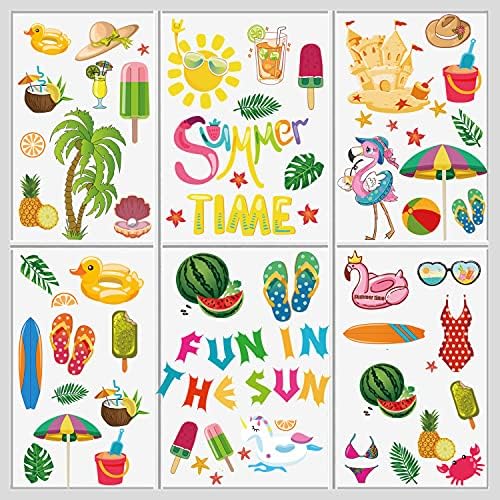CAVLA Summer Window Clings 8 Sheets Fun in The Sun Summer Beach Pool Party Static Window Stickers Decals Decorations for Summer Hawaiian Tropical Home Office Glass Window Party Supplies