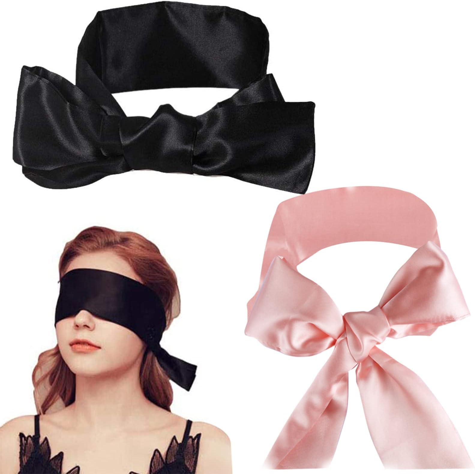 2 pcs Satin Eye Blindfold, 150cm/59inch Smooth Satin Eye Mask for Sleeping Games Satin Eye Covers Sleep Mask(Black+Pink)