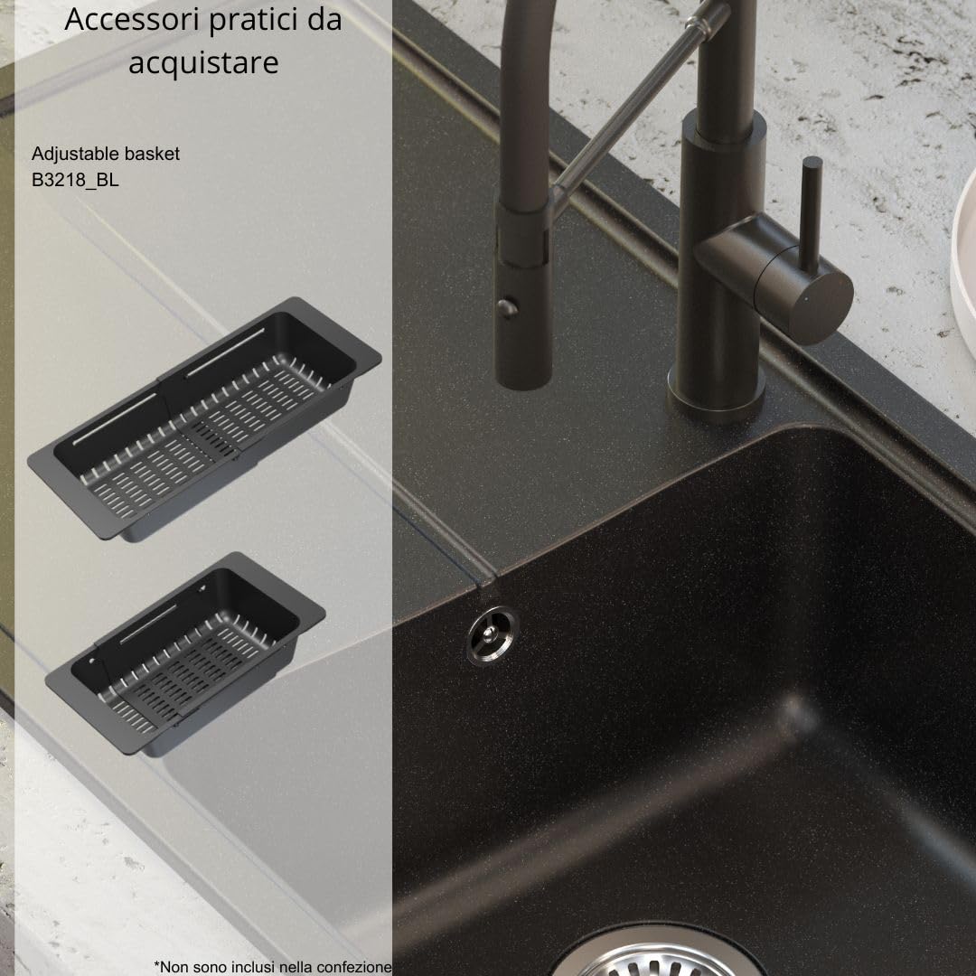 QUADRON NEAL 146 Lavello in granito per cucina, dimensioni: 100 x 50 x 21,5 cm, nero, lavello da cucina a vasca singola Set: lavello in granito + sifone manuale + tappo di copertura