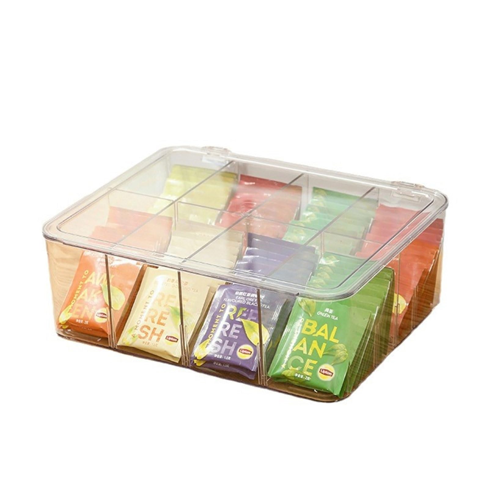 Organizador de bolsas de té acrílico con tapa para cajón, caja de almacenamiento de café transparente con múltiples compartimentos, soporte para aperitivos