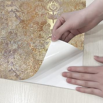 Vintage Peel and Stick Wallpaper, Gold Damask,Self-Adhesive Removable Wallpaper Contact Paper for Decorative Bedroom Bathroom House Wall (17.3 x 118 inches)