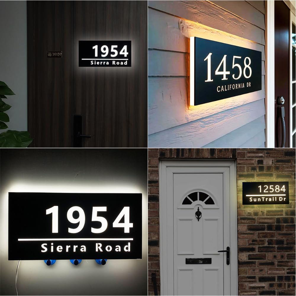 Custom LED House Number Sign – Illuminated Stainless Steel and Acrylic Door Address Plaque – Waterproof Lighted House Numbers for Home, Apartment, or Office