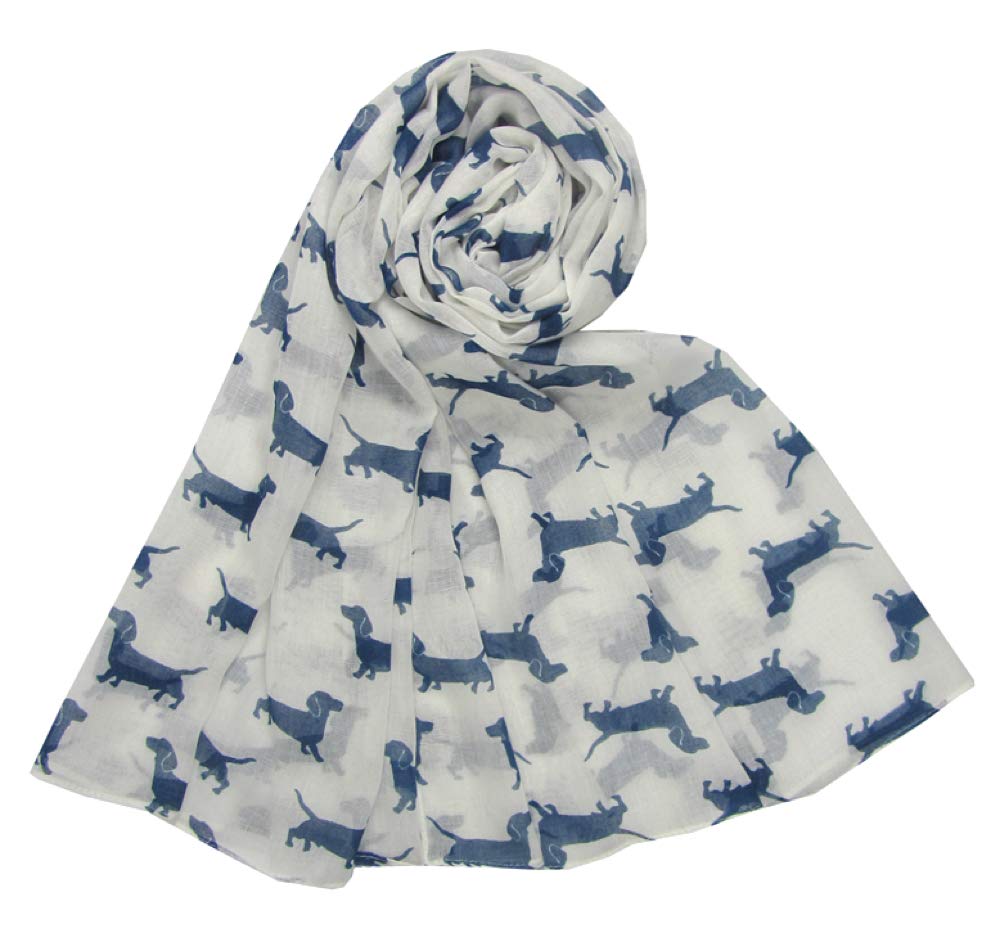 The Olive House Women's White The Olive House® Dachshund Sausage Dog Scarf With Blue Dogs