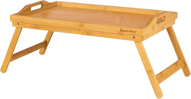 Innoteck Essentials Bamboo Breakfast Lunch Dinner Serving Tray  Portable Lightweight Bed Sofa Table with Folding Legs and Handles  Work as Desk for Laptop