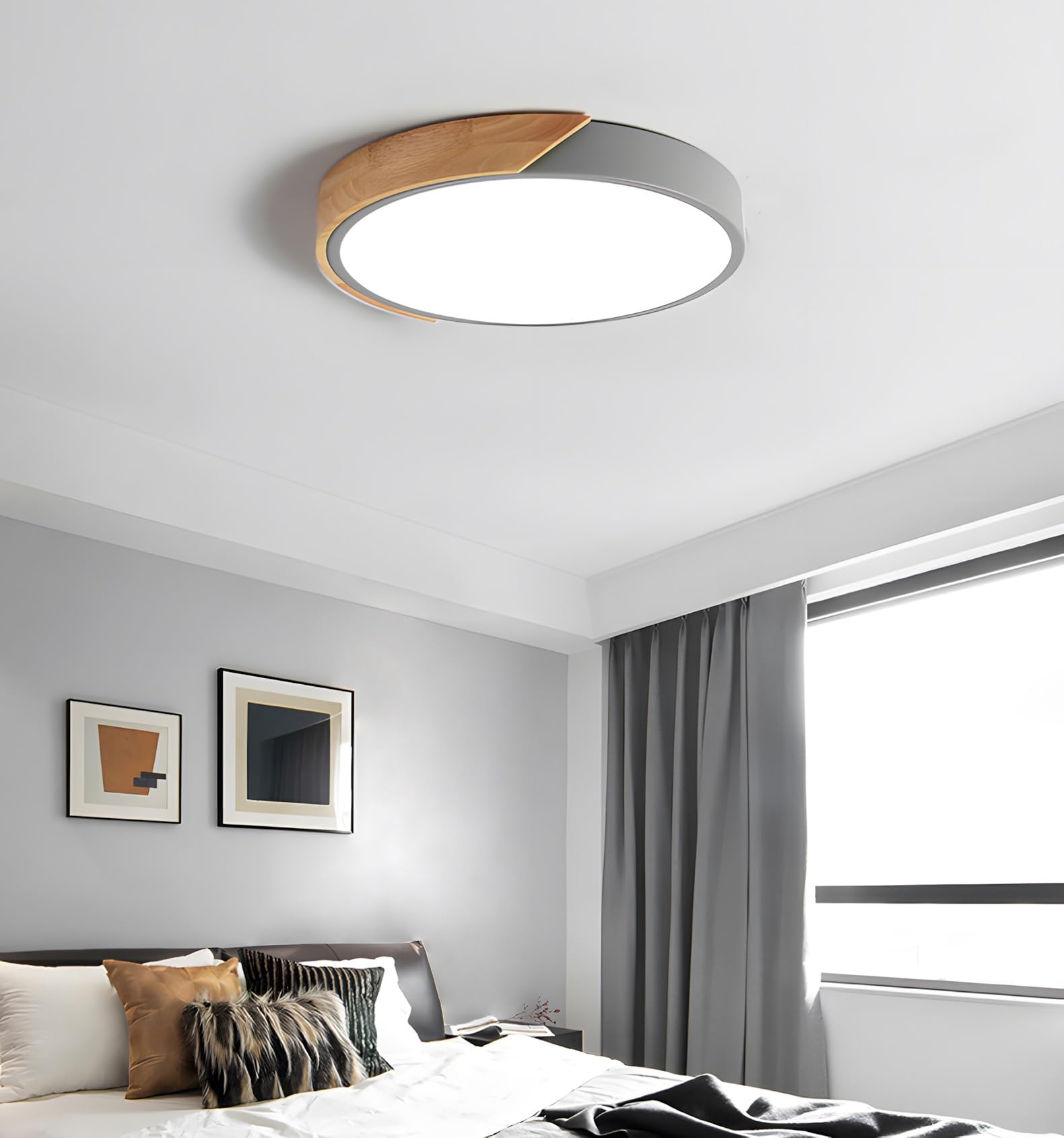 Okrągła lampa sufitowa LED, ściemnialna lampa drewniana, nowoczesna drewniana lampa sufitowa do sypialni, lampa kuchenna, lampa sufitowa do salonu, kuchni, sypialni (szary, 30 cm)