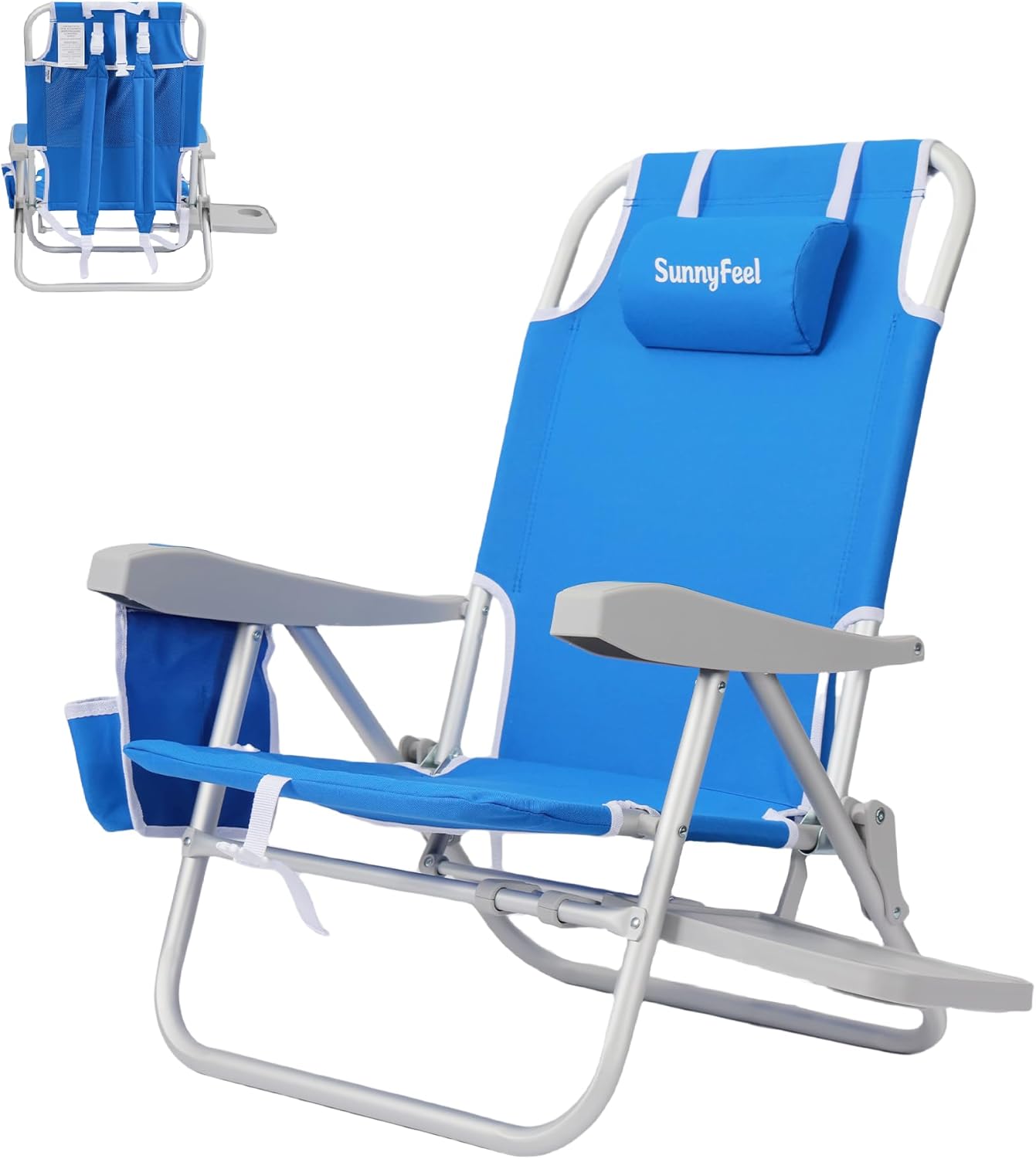 SUNNYFEEL Portable Beach Chair, Lightweight Beach Chair for Adults, Folding Camping Chair with Side Table & Organizer Bag, 3 Position Adjustable, Support 300lbs Heavy Duty, Low Back, Blue