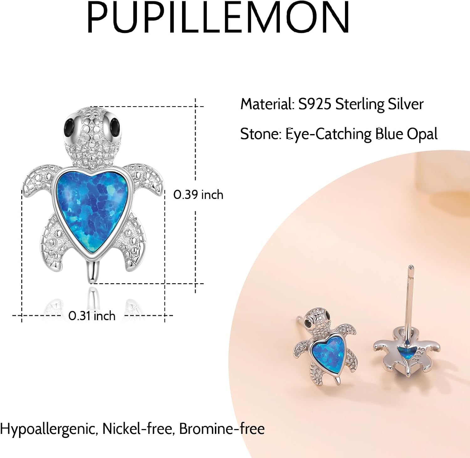 Sterling Silver Blue Opal Sea Turtle Stud Earrings Jewelry Gifts for Women, Hypoallergenic Stud Earrings - Image 2