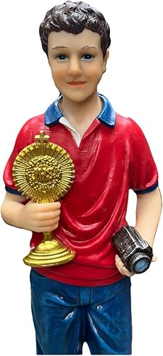Miniatura 2 de Estatua del Beato Carlo Acutis de 12 pulgadas - Figura católica de resina de santo moderno con cámara - Regalo juvenil de la Santa Eucaristía -