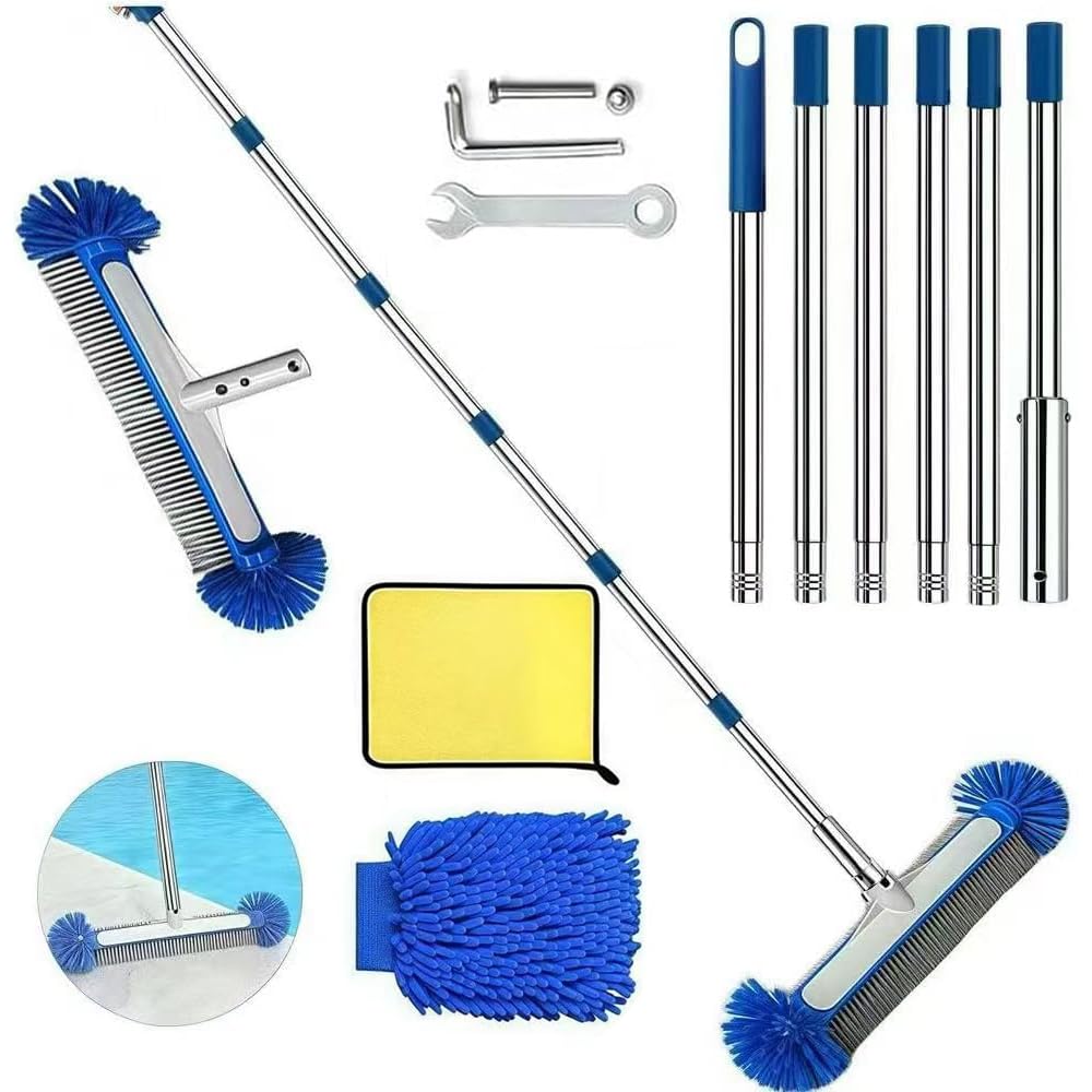 Pool Brush with Telescopic Bar 230 cm Long, Pool Cleaning Brushes with Round Ends of 45 cm, Pool Broom with Adjustable Stainless Steel Bar, for Cleaning