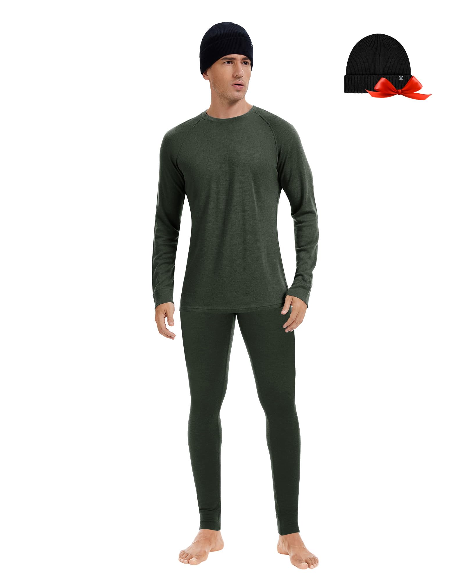 Herren-Unterwäschesets aus 100 % Merinowolle, leichte und mittelschwere Thermo-Unterwäsche, Geschenk-Set mit Wollmütze