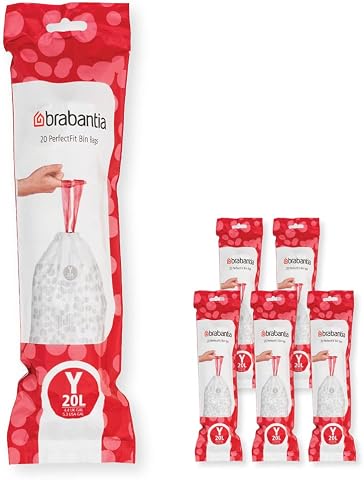 Brabantia PerfectFit çöp torbası, çoklu paket, Code Y / 20 l, çekme bantlı ekstra güçlü çöp torbaları, 6 rulo (120 çöp torbası)