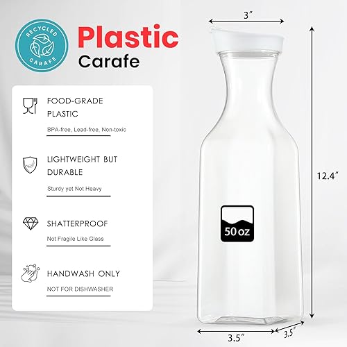 Miniatura 2 de Paquete de 4 jarras de agua grandes de 50 onzas con tapa abatible, recipientes de jugo de base cuadrada, jarra de plástico transparente, para agua,