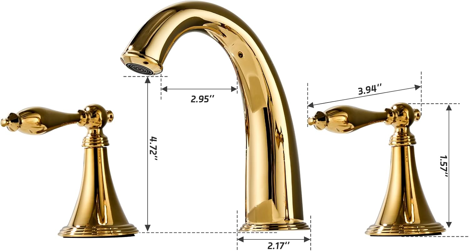 Gold Bathroom Faucet Widespread 3 Hole, 6–16 Inch Vanity Sink with 2 Handles, Drip-Free Ceramic Disc Valve, Solid Brass, Push Pop-Up Drain Assembly Included - Image 7