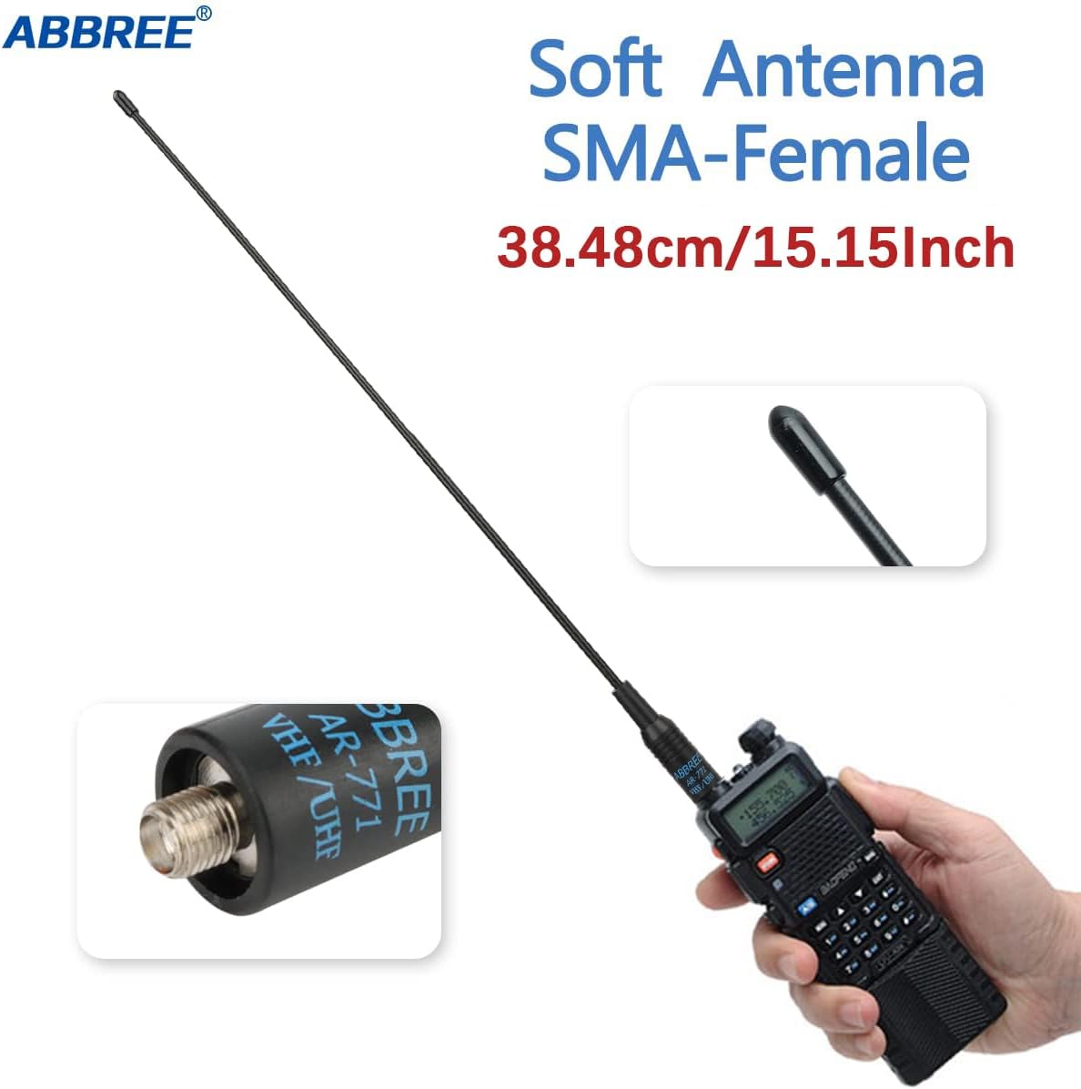 A hand holding a ham radio with the ABBREE AR-771 antenna attached, demonstrating its size and how it looks when in use.
