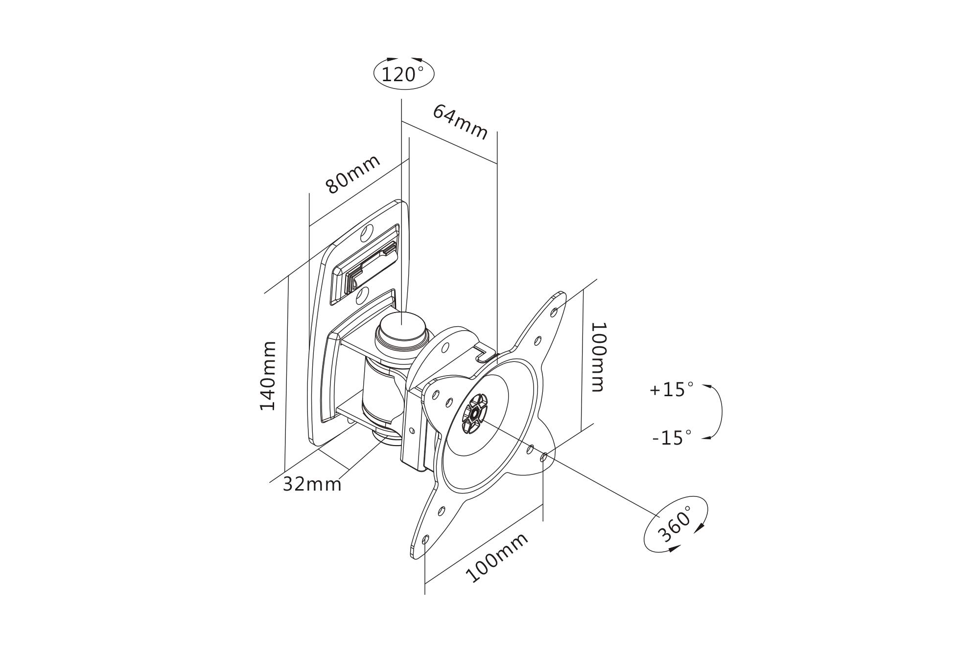DIGITUS Support Mural pour écran - pour écrans jusqu'à 27" - VESA 75x75 & 100x100 - Charge Max. 15kg - orientable à 30°, pivotant à 360° - Niveau à Bulle intégré - Noir