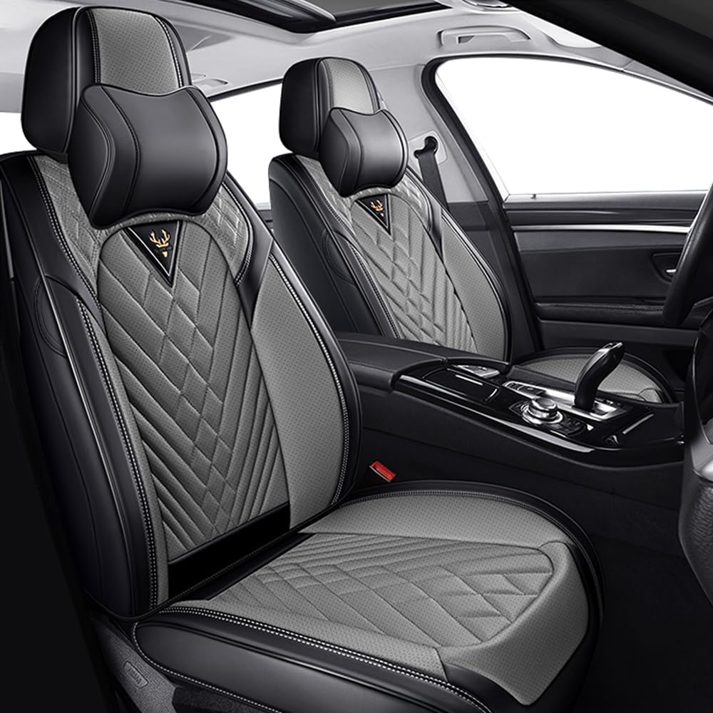 Seat Covers, Car Seat Covers Front Set, Nappa Leather Car Seat Cover, Car Seat Protector Waterproof & Anti-Slip, Carseat Cover Universal Fit for Most Cars (Fornt Set with Headrests,Black&Gray)